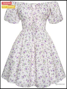 Off Shoulder Puff Sleeve Floral Summer Dress Polyester Viscose Blend
